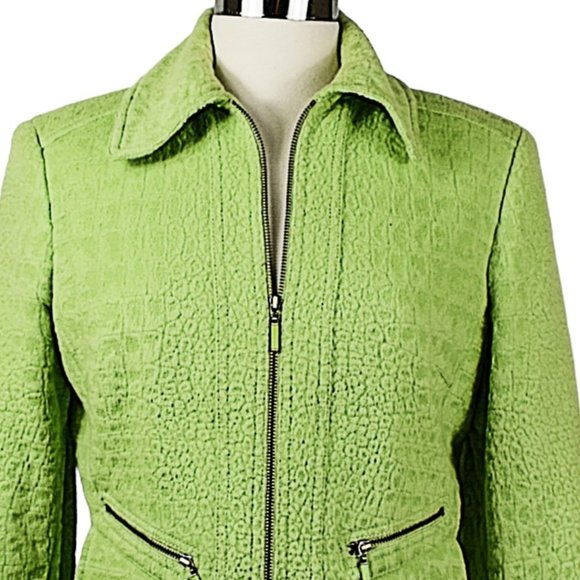 Unique Carlisle Green Angora-Wool Blend Embossed Moto Zip Jacket - Picture 3 of 11
